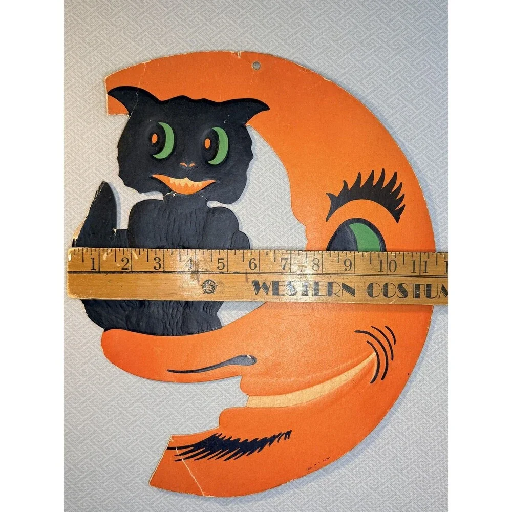 Vintage 1940s H.E. Luhrs Halloween Black Cat on Crescent Moon Wall Decor Die Cut